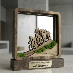 Custom wooden cycling trophy with stabilised moss for race winner