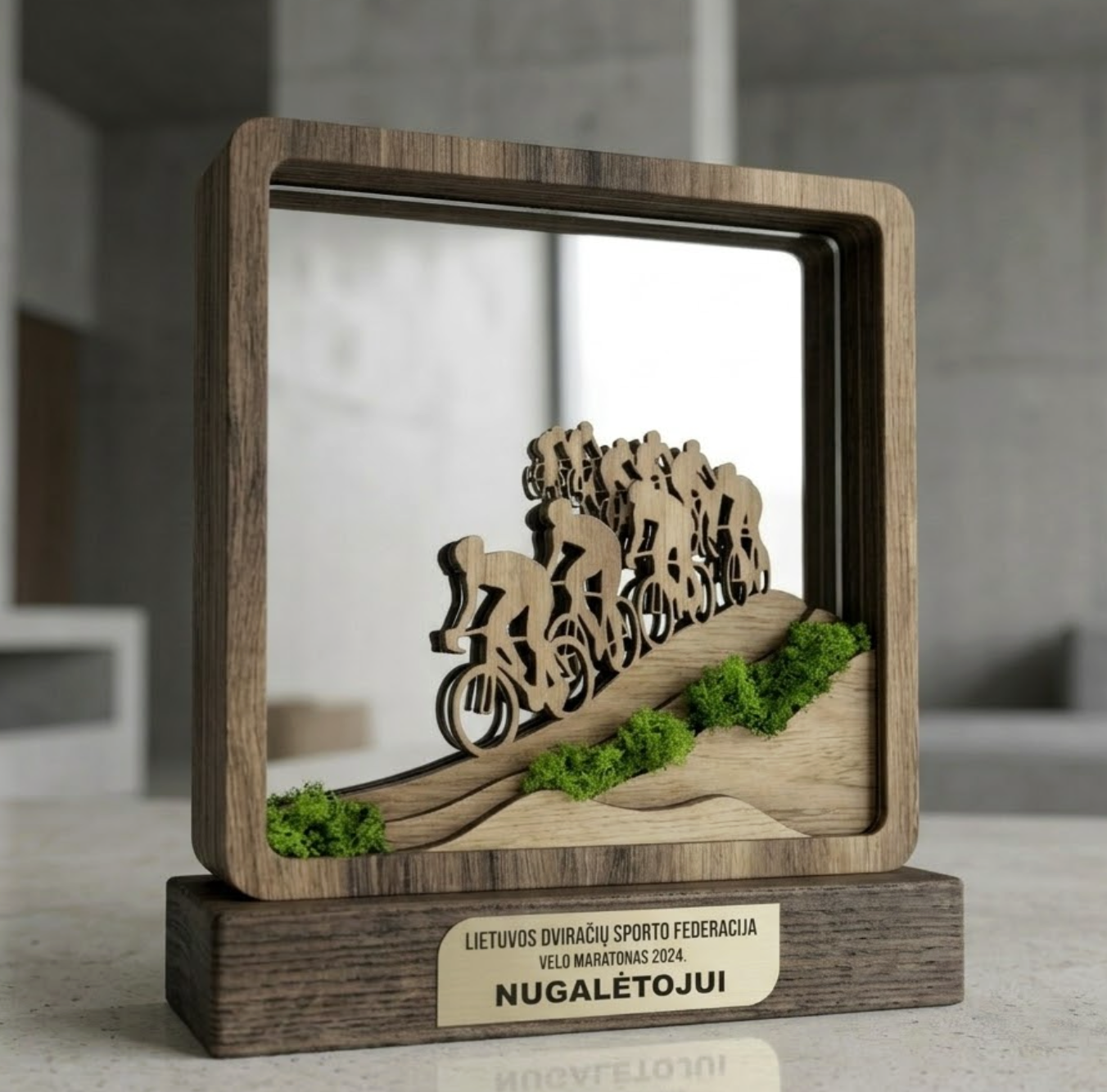 Custom wooden cycling trophy with stabilised moss for race winner